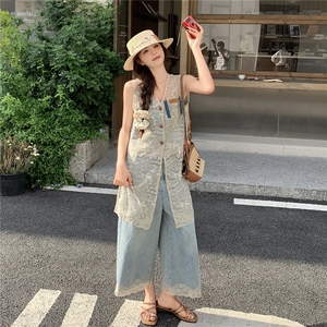 蕾丝罩衫叠穿牛仔裤套装女夏2025新款巨好看大方得体高级感两件套图片