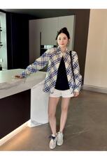 蓝格衬衫设计感格纹撞色薄款长袖上衣女早秋宽松显瘦翻领外套，男装衬衫，星座218-1（原230）