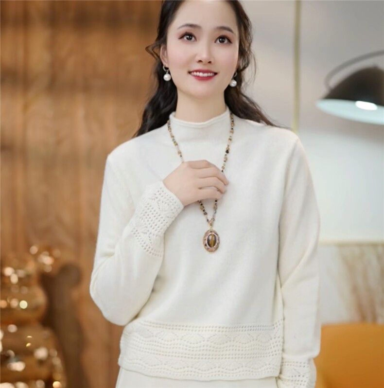 2025年秋季时尚百搭通勤简约休闲镂空半高领，女装羊毛衫，晨旭羊绒