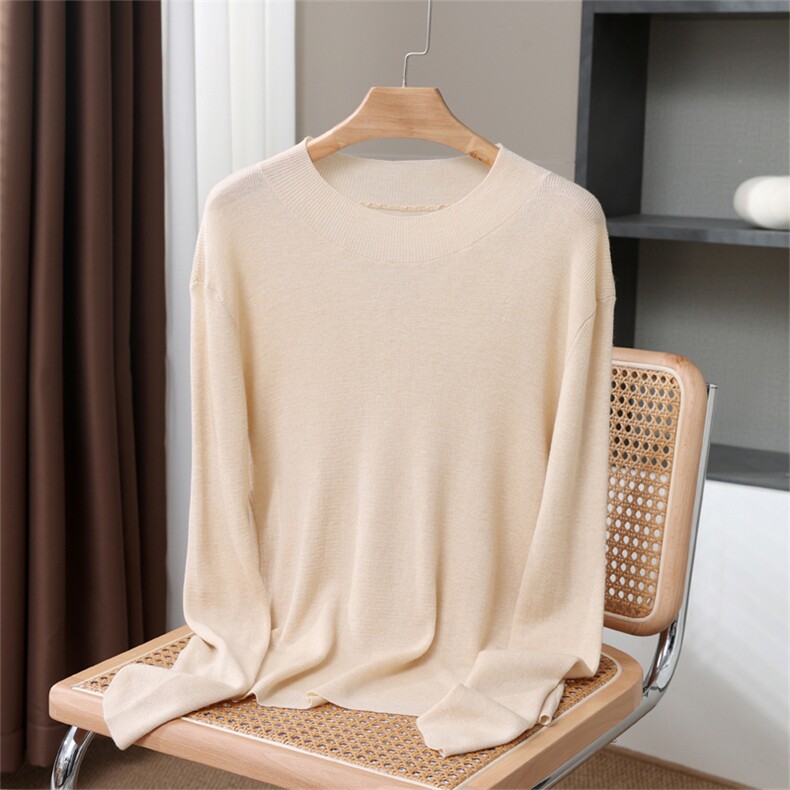 秋装新款纯色针织半高领女精纺羊毛衫薄款套头宽松打底衫百搭上衣，女装羊毛杉，唯若美羊绒