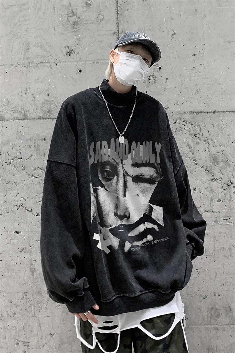 水洗做旧加绒加厚卫衣男23冬高领抽象印花打底衫XZ514-2-X59-P78,男装T恤,星座514-2(原B239)