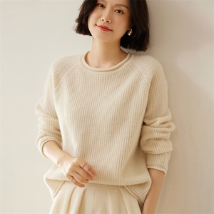 秋冬卷边圆领山羊绒衫女简约通勤长袖套头毛衣打底毛衣针织衫内搭图片