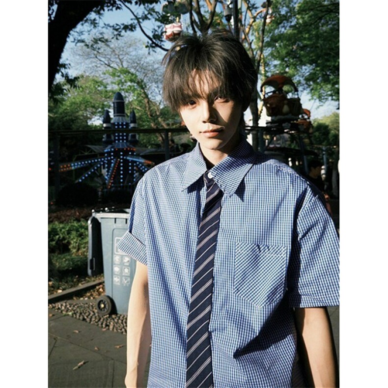 格纹假领带衬衫男女夏季短袖衬衣学院风情侣小众设计外套C2270,男装T恤,星座1116A（原606A-3）