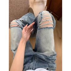 有货。破洞牛仔裤女高街宽松直筒阔腿长裤子RK3400-P41，男装牛仔裤，星座412-3