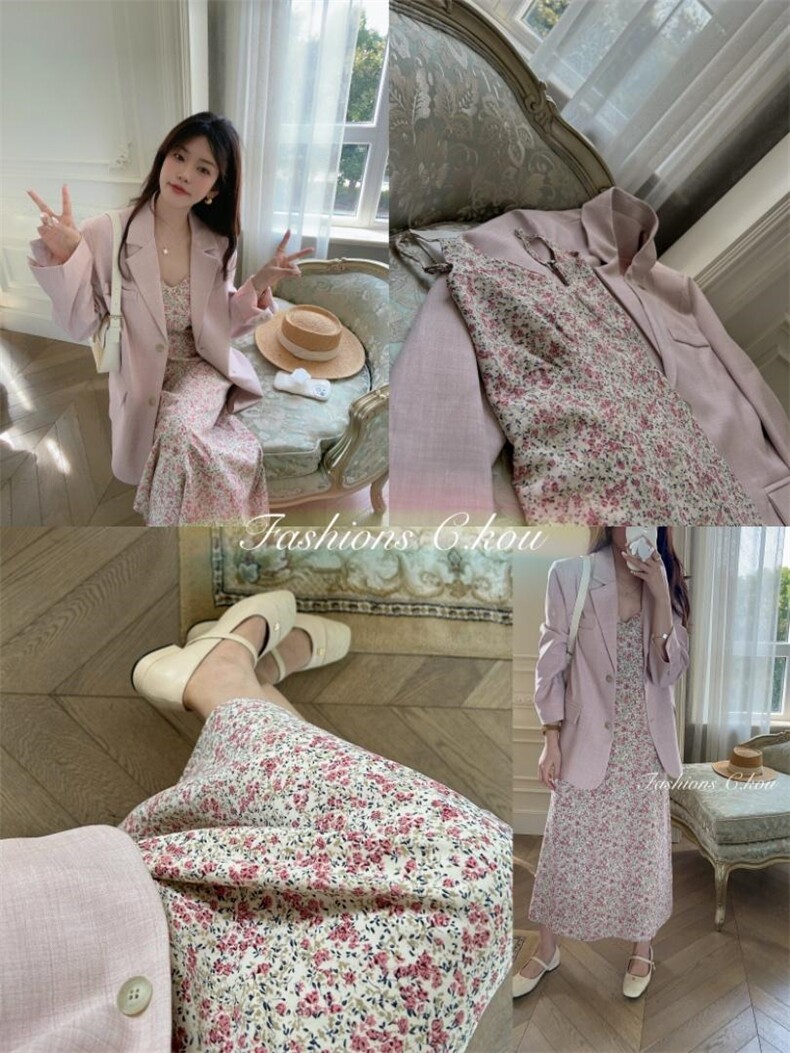 西装配花色吊带裙yyds，女装西装，唇蔻