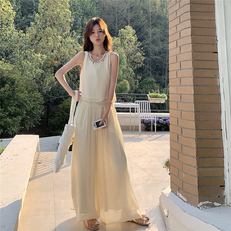 小香风甜美无袖上衣阔腿裙裤套装女夏独特漂亮减龄绝美两件套爆款,女装套装/套裙,2C135