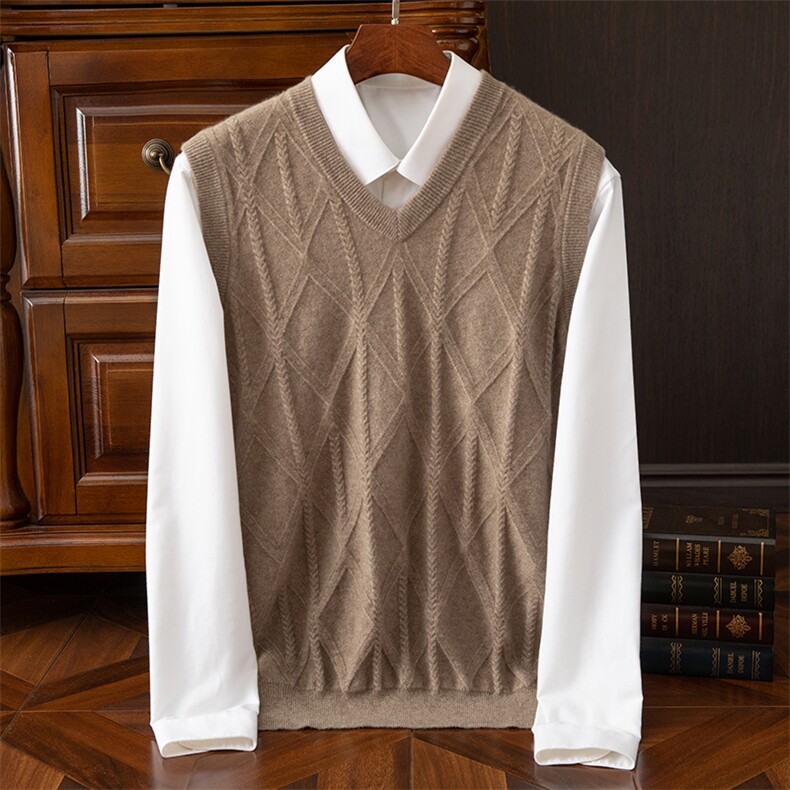 秋季新款男士菱形格子背心无袖马甲商务休闲针织山羊绒，男装羊绒背心，欧力羊绒