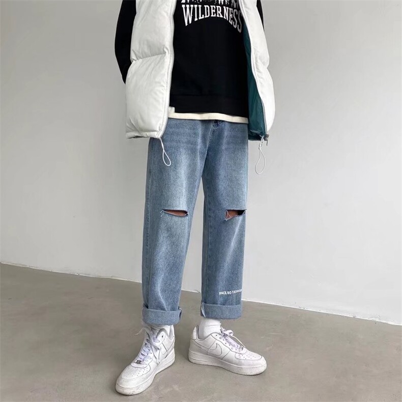 破洞牛仔裤男潮牌春季新款潮九分宽松大码直筒裤NK11P38,男装牛仔裤,星座1116-2