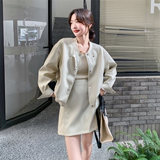 现货：秋装新款圆领夹克皮衣两件套装群2C135-6805P175K258，女装套装/套裙，2C135