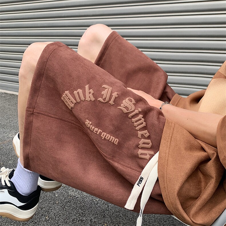 抖音品质夏麂皮绒字母发泡短裤休闲五分裤313A-1-NK113-P45控58图片