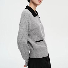 时尚娃娃领拼接羊毛衫女款修身显瘦长袖针织开衫外套秋冬季新款，女装羊毛衫，泰沅羊绒