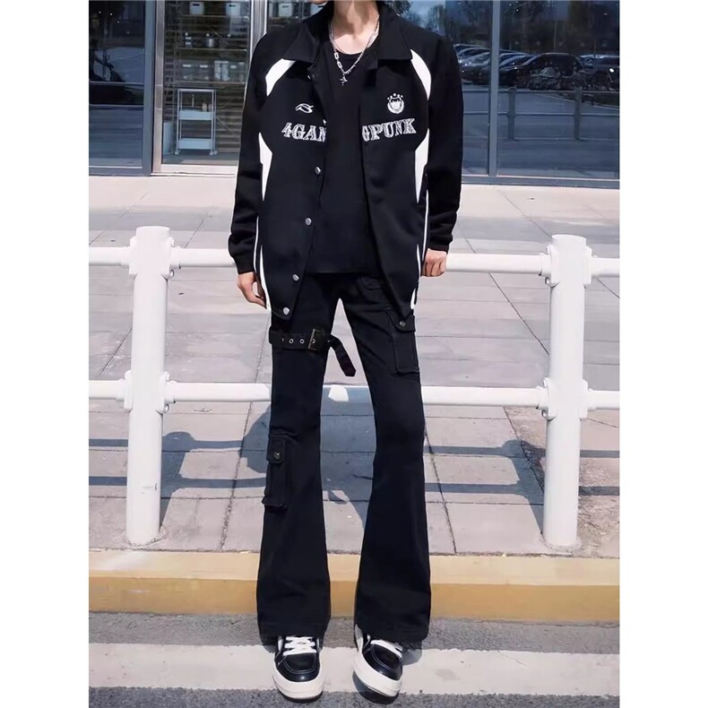 春季美式高街风绑带微喇牛仔裤显瘦修身直筒裤子男女潮LD7811-P49,男装牛仔裤,星座1008