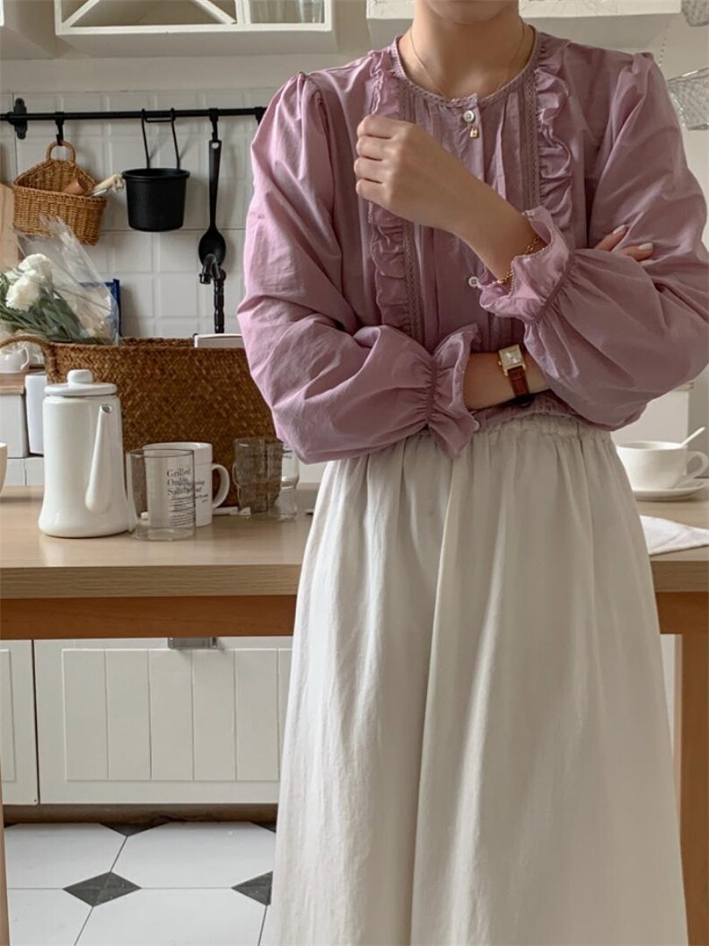 【小衫】圆领花边褶皱韩系小衫，其它，DAP