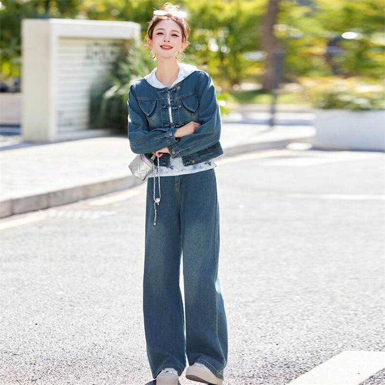 新中式牛仔套装女2025春新款小香风超火休闲减龄阔腿裤穿搭三件套,女装套装/套裙,欣品汇