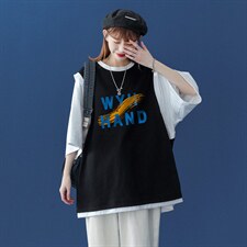 中性风夏季潮流时尚印花情侣假两件背心+T恤T502P35控48，男装T恤，A247A