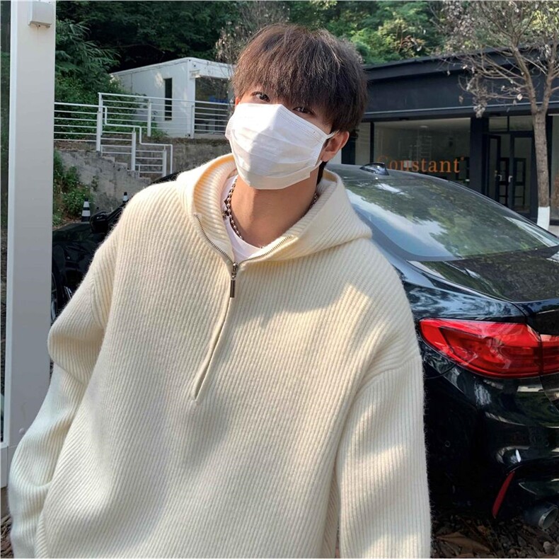 网图84571-P75半拉链连帽毛衣男秋冬慵懒百搭套头加厚针织帽衫潮图片