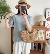 针织短袖女打底半高领百搭蕾丝勾花镂空夏季薄款宽松大码半袖t恤，女装针织衫/毛衣，臻纶羊绒