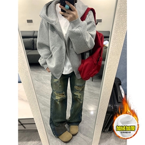 480G重磅加绒硬挺boxy 男女秋冬美式高街防风高领卫衣开衫厚外套图片