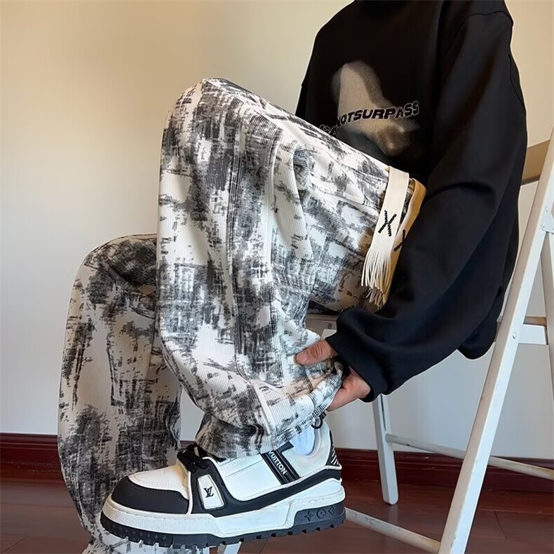 秋季新款美式休闲裤男士直筒裤扎染设计潮流百搭阔腿裤男KK53/P55,男装休闲裤,星座506