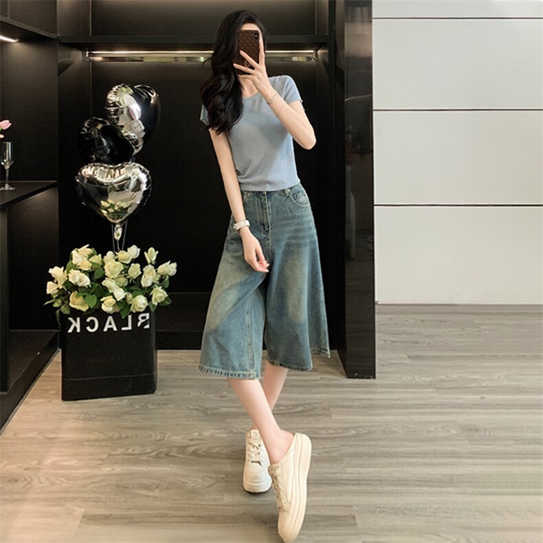 欧货休闲时尚套装女夏新款圆领后背系带镂空短袖牛仔中裤两件套潮,女装套装/套裙,江南