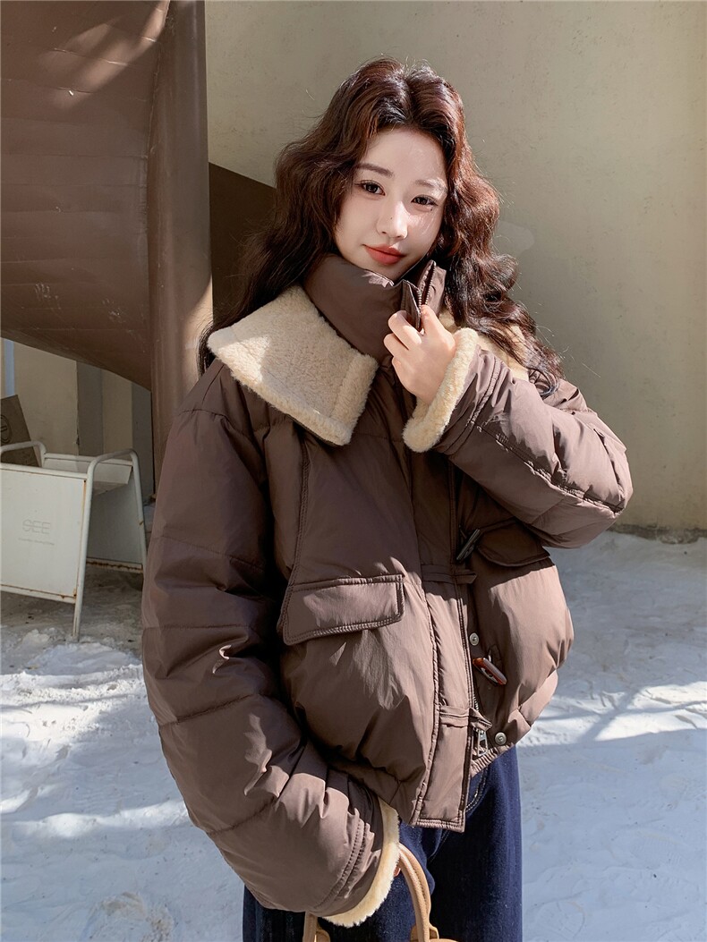 羊羔毛美拉德短款羽绒服女2025冬季新款咖色小个子翻领外套,女装羽绒服,玖莱伊