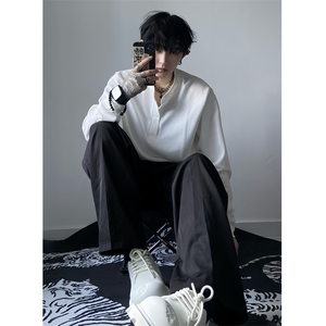 亨利领套头华夫格长袖灰色衬衫T恤polo衫W2480-P40直播品质图片