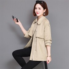 连帽短外套女单排扣POLO领纯色长袖中长款2022年春季图片