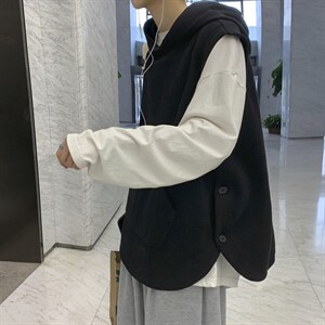 日系港风针织背心宽松休闲ins潮毛线卫衣连帽马甲情侣 H204/P50图片