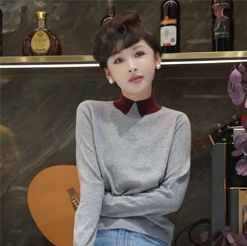 2025年秋季时尚百搭通勤简约休闲拼色领半高，女装羊毛衫，晨旭羊绒