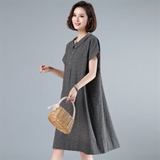 清仓捡漏专柜外贸剪标女文艺复古格子棉麻连衣裙宽松亚麻衬衫裙子，女装连衣裙，江忆布依