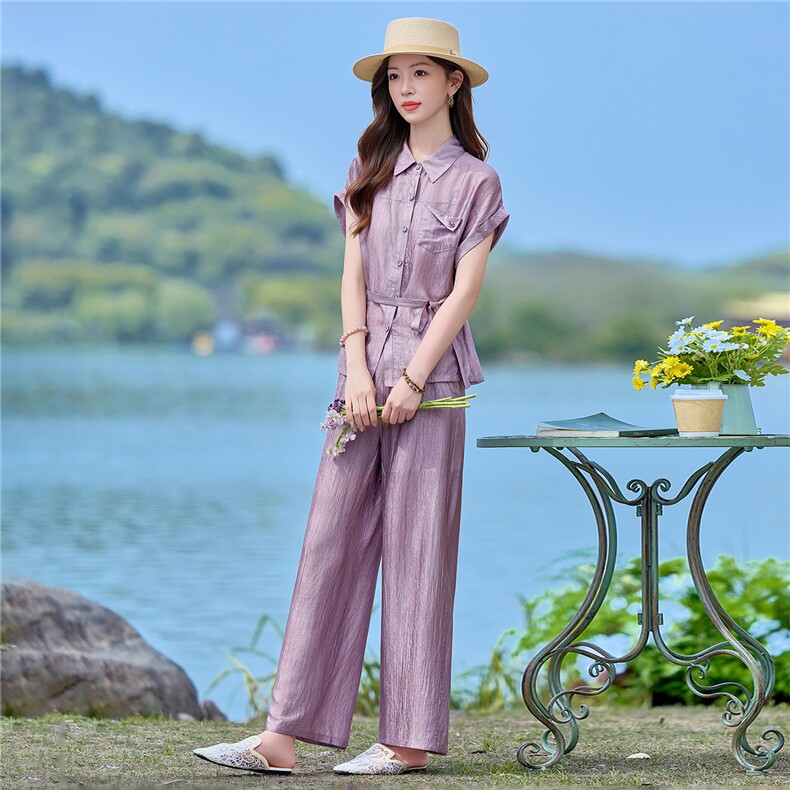 2026年夏季新款时尚收腰文艺风系带阔腿裤套装,女装套装/套裙,依恋蒂丝