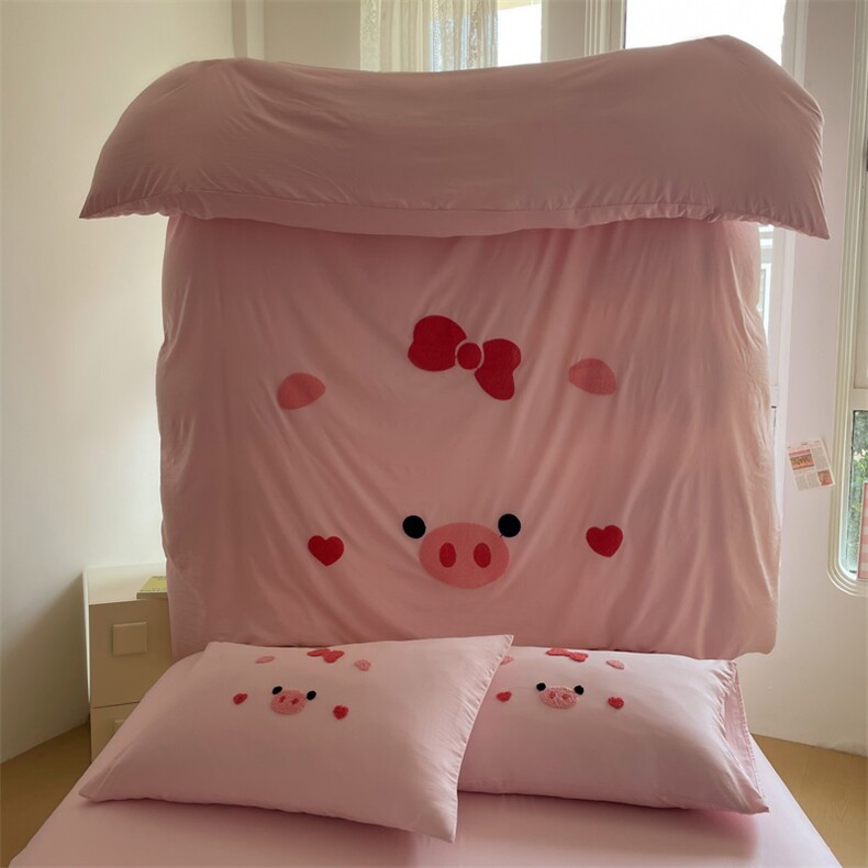 新款水洗棉大版毛巾绣四件套-猪猪女孩,女装床品套件,一起卖家纺
