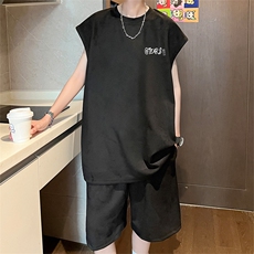 直播美式麂皮绒宽松背心无袖t恤短裤大码两件套套装TZ33-P58，男装T恤，电商A486