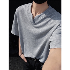 麻灰色正肩v领短袖男款夏季痞帅高级感t恤cleanfit美式重磅半截袖，男装T恤，电商C306-1