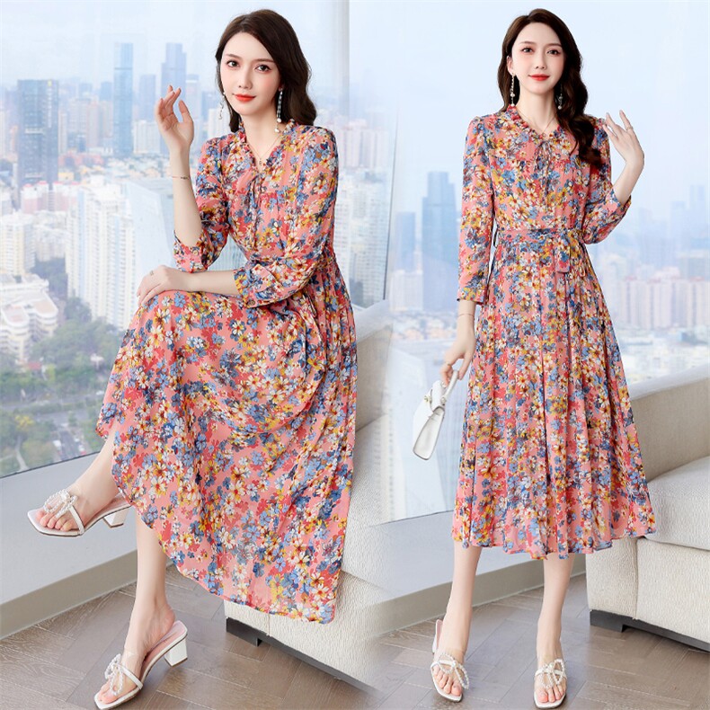 罗得堡雪纺连衣裙5707-优雅碎花长袖V领修身显瘦气质女装，女装连衣裙，罗得堡