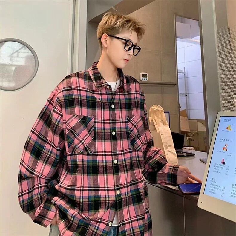 格子衬衫粉色潮牌衬衣帅气外穿网图1001-1-CS329-P40,男装衬衫,星座1001-1