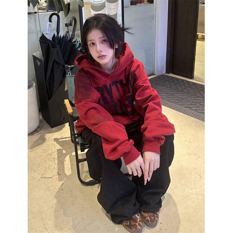 字母酒红色加绒连帽卫衣男女春秋冬华棉复牛奶丝宽松外套WY23,男装卫衣,星座1116A（原606A-3）