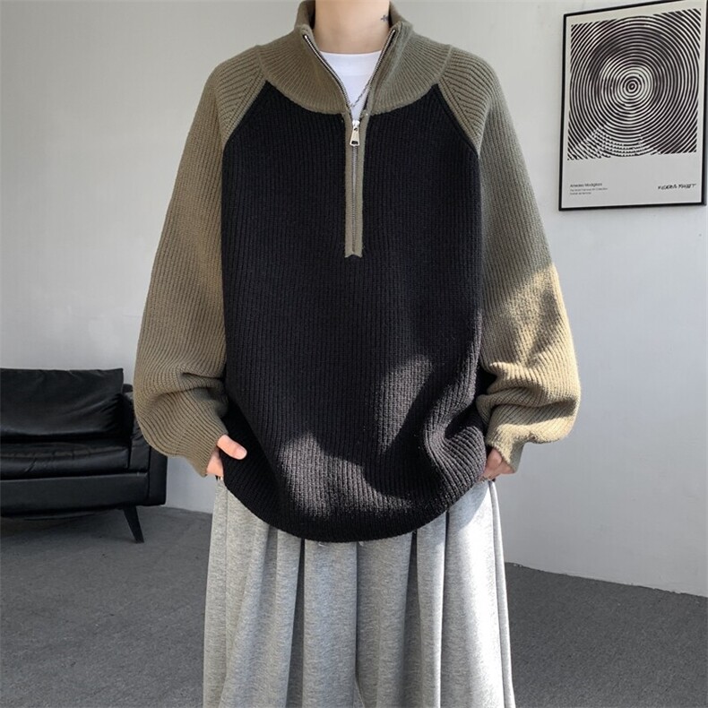 8XL-M撞色半拉链毛衣宽松慵懒风插肩袖大码针织衫外套MY1513/P75,男装针织衫/毛衣,电商B238