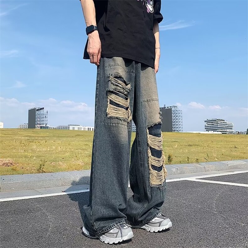 美式高街小众设计感破洞牛仔裤女夏季直筒高腰宽松显瘦炸街阔腿裤,男装牛仔裤,星座716-2
