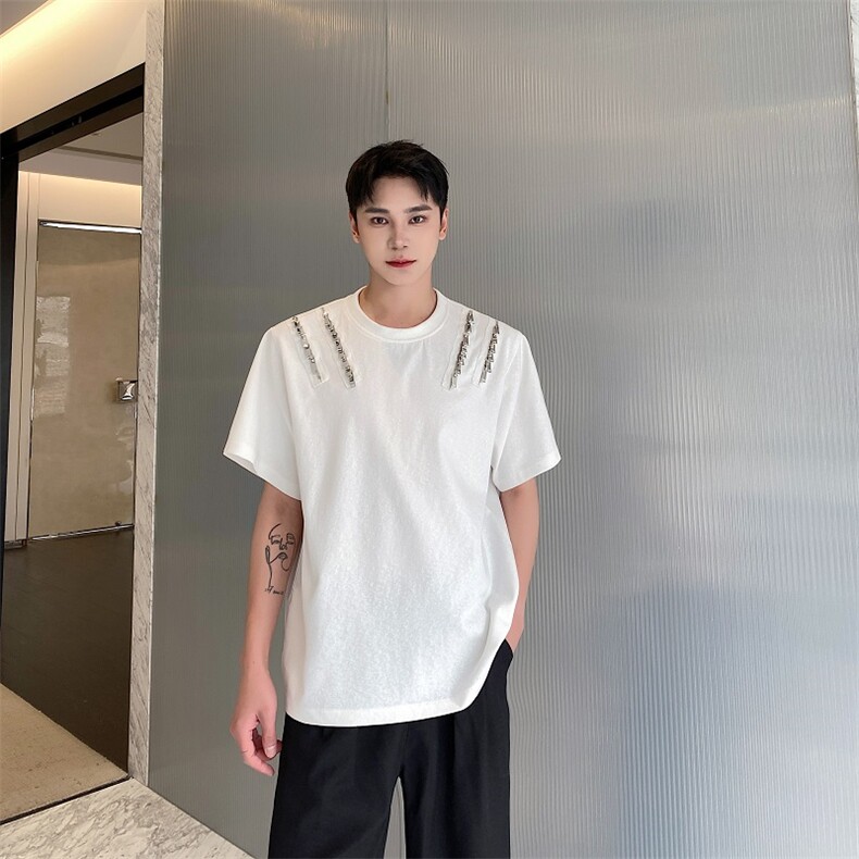 金属拉链垫肩短袖男美式复古男士小众设计感痞帅T恤A345-500-P80,男装T恤,电商A345