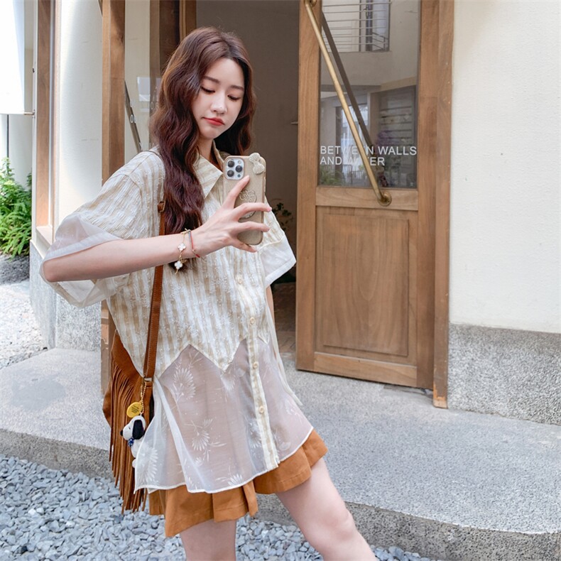 小众不撞款穿搭女2025夏新款刺绣格纹网纱拼接衬衫阔腿裙裤两件套,女装套装/套裙,2C176