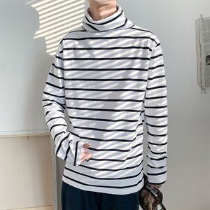长袖T恤男士上衣潮流条纹秋冬季宽松高领衣服打底衫 T709-P35图片