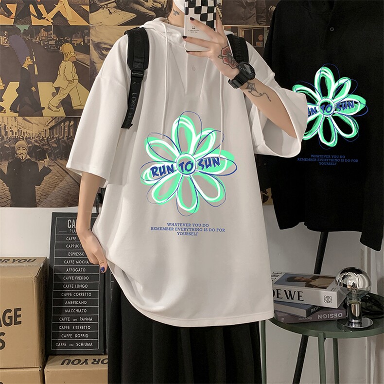 LD54170-P45 连帽短袖t恤男大码胖子带帽五分袖中袖 海报风图片