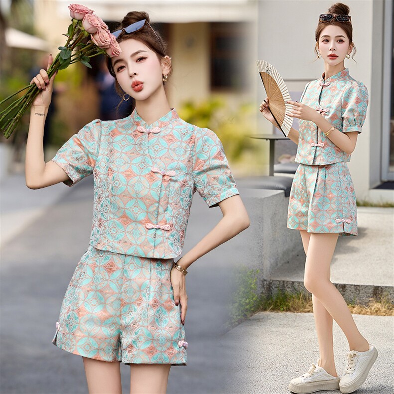 2025春季新款新中式国风印花套装女高级感泡泡袖短袖两件套高级感，女装套装/套裙，众宇琦