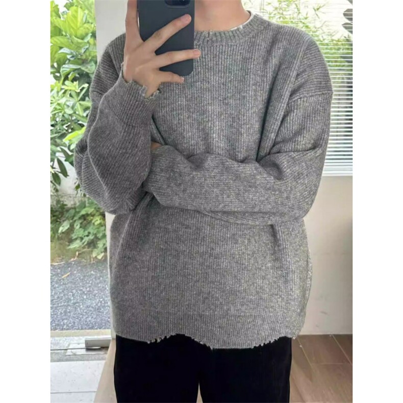 灰色破坏圆领针织毛衣男秋季慵懒风外套打底针织衫MY04,男装T恤,星座208-5