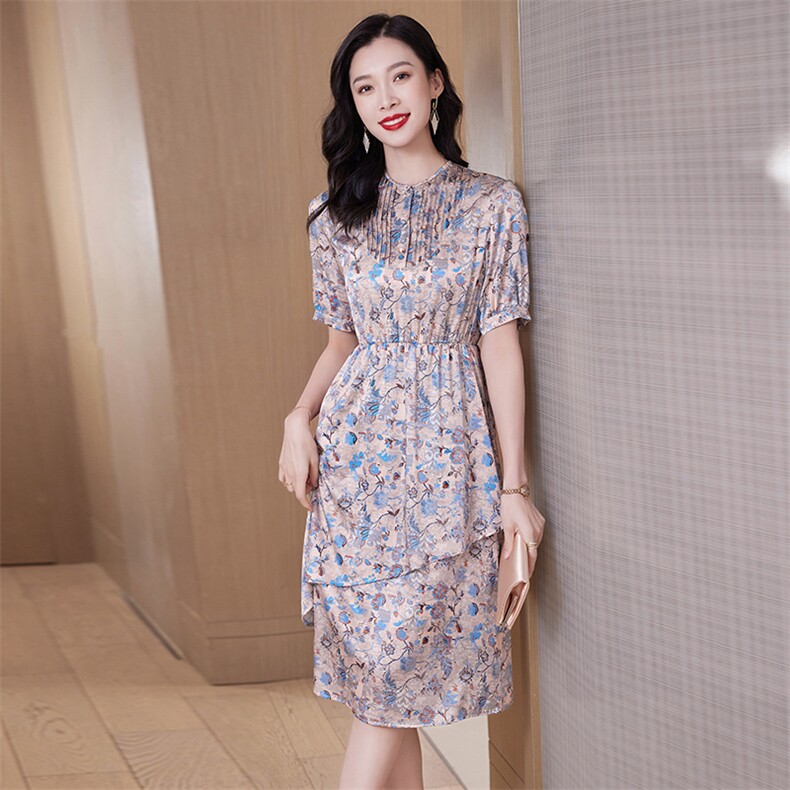 轻熟风印花真丝连衣裙女夏天2024新款高端精致设计感桑蚕丝裙子夏,女装连衣裙,阿舍尔精品