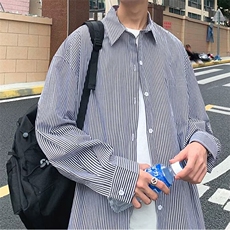 日系宽松长袖条纹衬衣男韩版百搭春秋季港风长袖衬衣外套，男装衬衫，星座1108-5