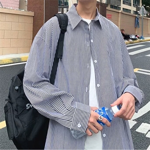 日系宽松长袖条纹衬衣男韩版百搭春秋季港风长袖衬衣外套图片