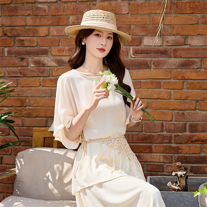 法式蕾丝流苏腰封麻系宽松上衣+半身裙两件套，女装套装/套裙，采品优优