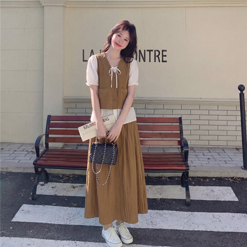 圆领条纹冰丝上衣+半身裙两件套送腰带，女装套装/套裙，采品优优